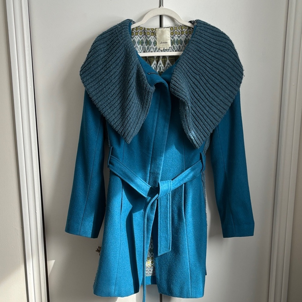 Anthropology Elevenses Teal Wool Blend Coat with